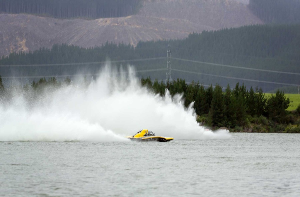 A hydroplane completing a sharp turn