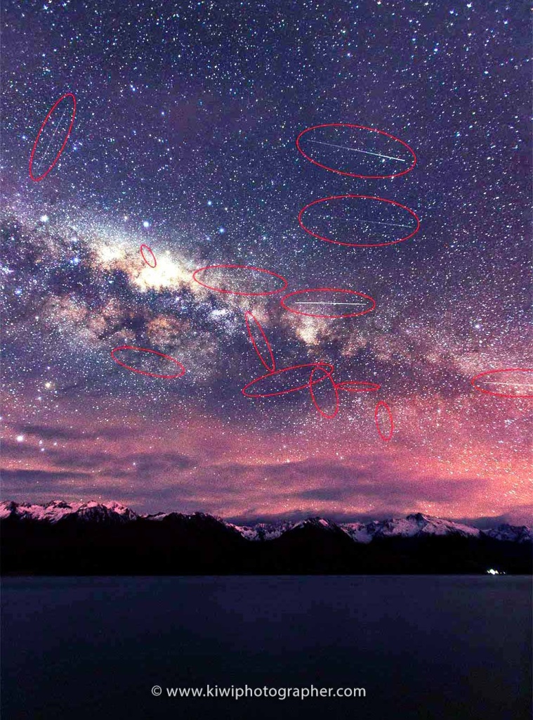 Astrophotography Meteors Southern Alps - NZ (circled)