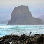 A lone surfer out at Piha, West Auckland.